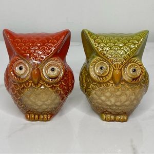 Set Of 2 Owl Figurines Ceramic Table Top Decor Autumn Fall Decoration